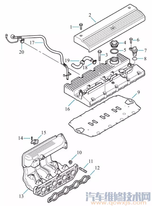 雷竞技最新官网苹果凸轮轴（气门室）罩盖、火花塞盖和进气歧管及相关拆解零部件图解
