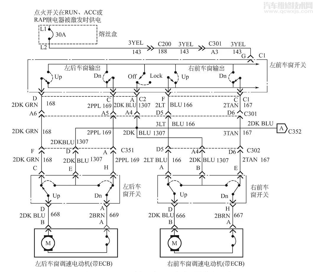 【上海别克轿车电动车窗故障分析与诊断流程】图1